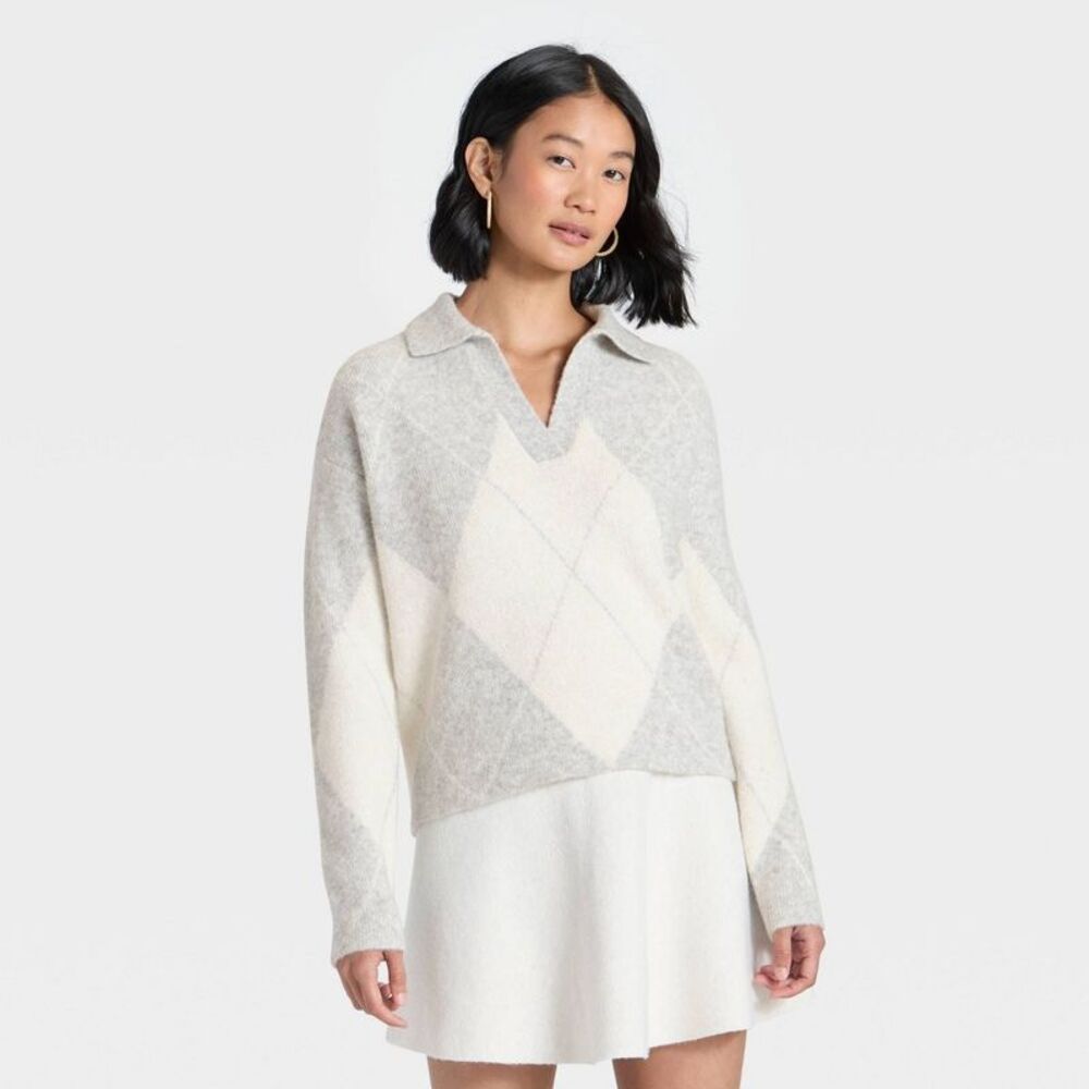 Women's Cozy Knit Polo - A New Day Gray/Cream Argyle L